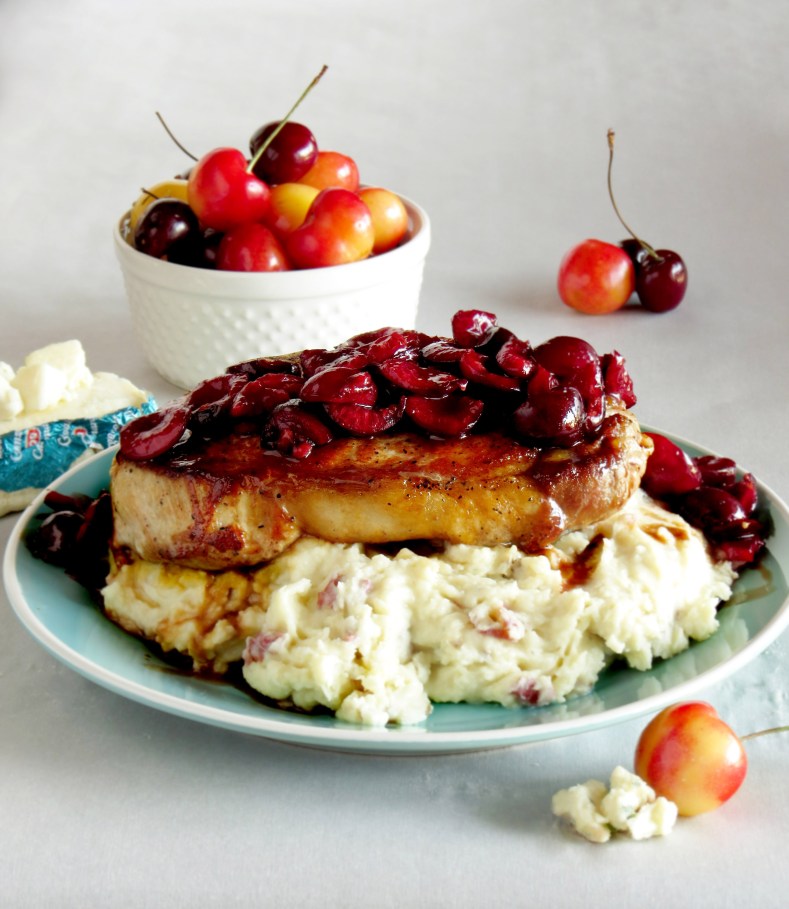 Cherry Balsamic Pork Chops with Gorgonzola Mashed Potatoes | Girl and Apron